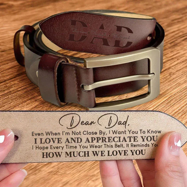 Brown leather belt with engraved message for dad, classic style, silver buckle, gift idea