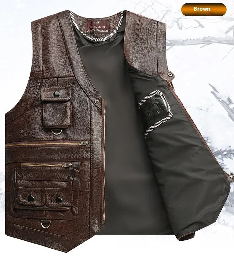Brown leather utility vest with multiple zippered pockets, rugged texture, regular fit.