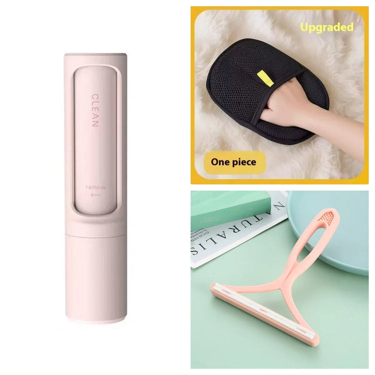 Futuristic lint remover, black fabric cleaning glove, and peach-colored cleaning scraper for clothing care