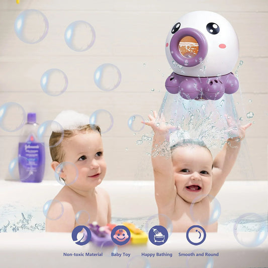 Two young children in a bath playing with a purple octopus-shaped plastic bath toy spraying water.