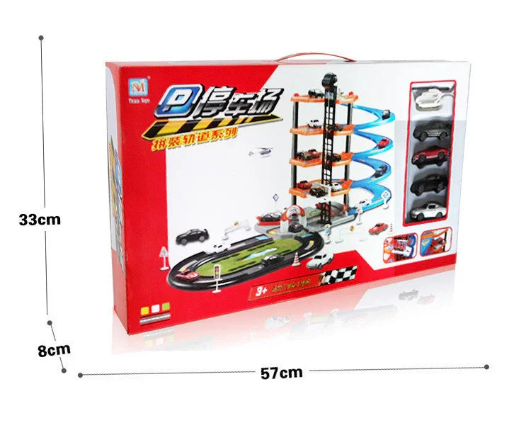 Boxed toy car parking garage playset with spiral ramp, five toy cars, red and white packaging