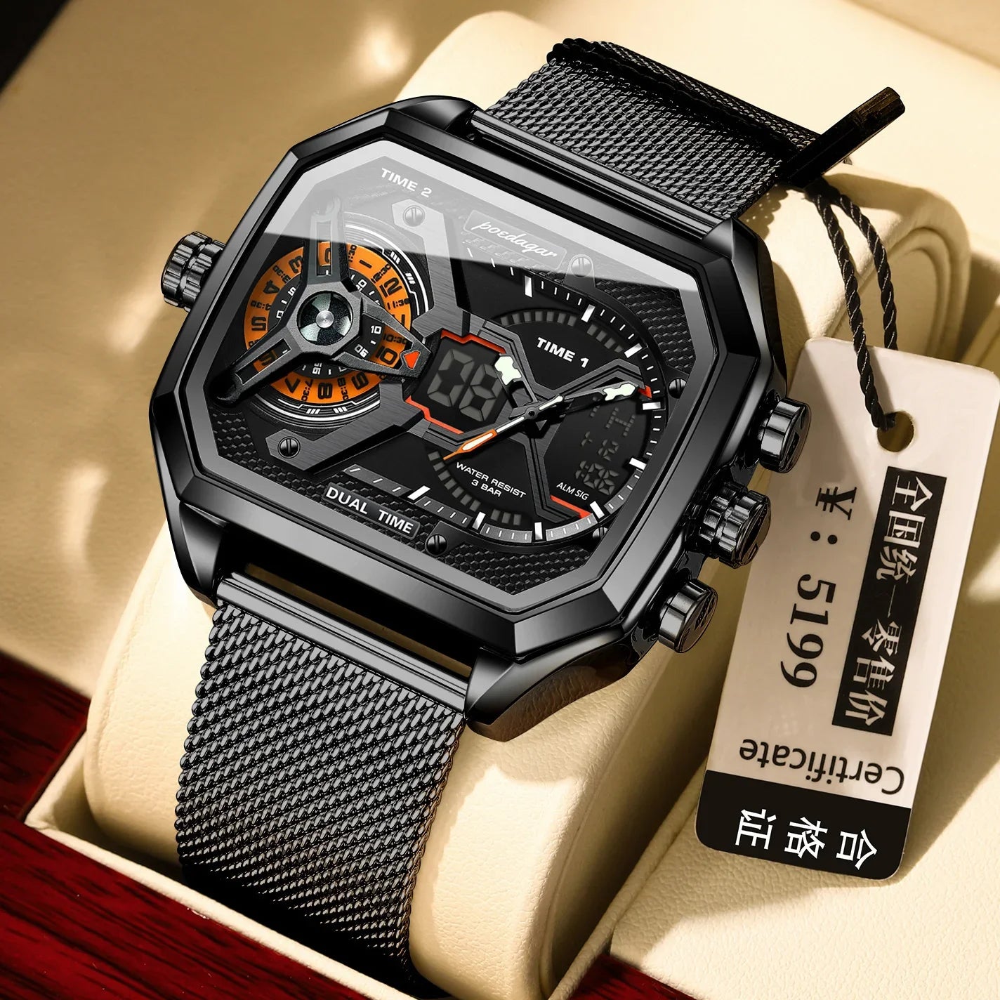 Modern black dual time watch with digital and analog display, mesh metal strap, hexagonal face.