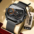 Modern black dual time watch with digital and analog display, mesh metal strap, hexagonal face.