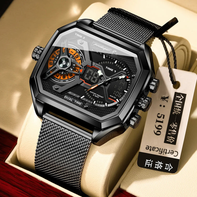 Modern black dual time watch with digital and analog display, mesh metal strap, hexagonal face.