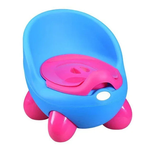 Blue and pink plastic potty chair with rounded design and stable legs