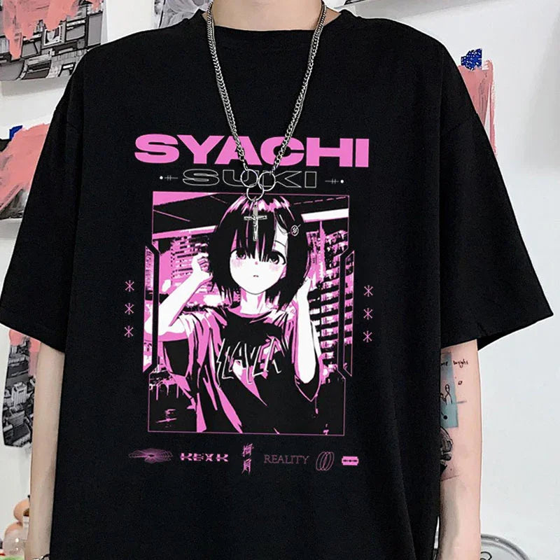 Black oversized t-shirt with pink anime graphic, short sleeves, relaxed streetwear fit