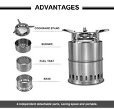 Stainless steel portable camping stove with detachable cookware stand, burner, fuel tray, and base.