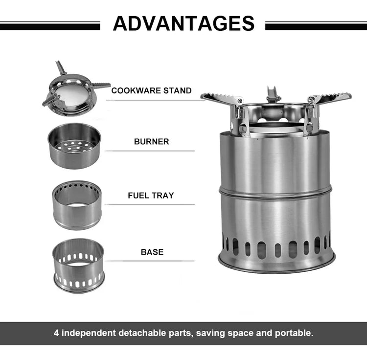 Stainless steel portable camping stove with detachable cookware stand, burner, fuel tray, and base.