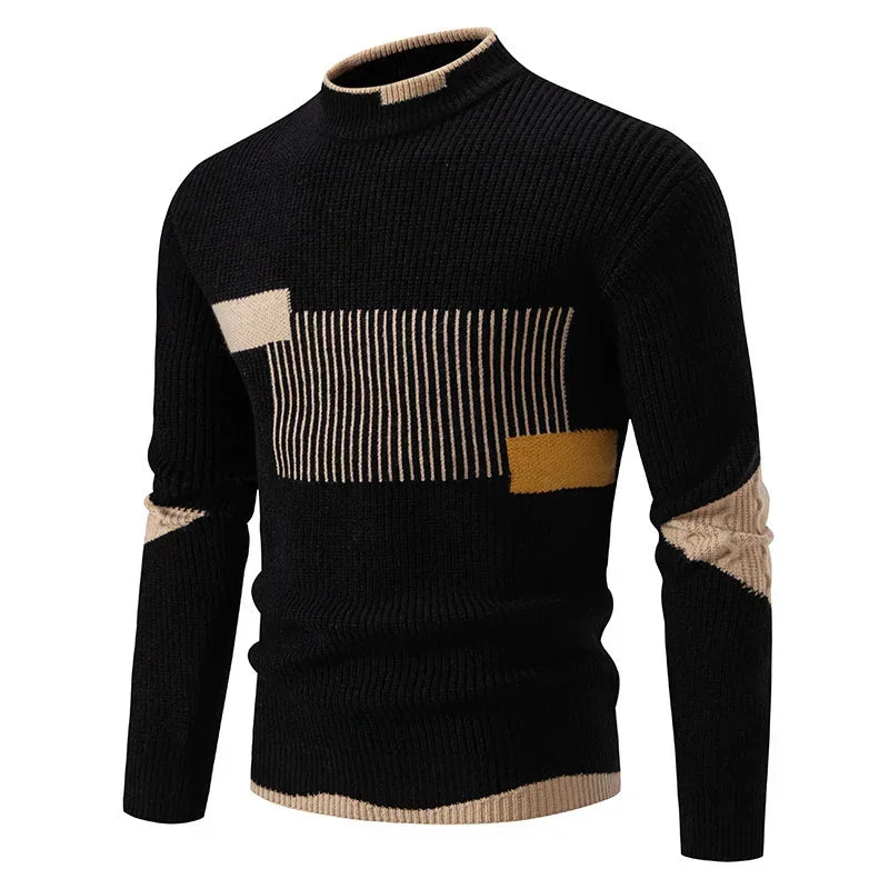 Black ribbed knit sweater with beige and yellow geometric accents, slim fit, long sleeves.