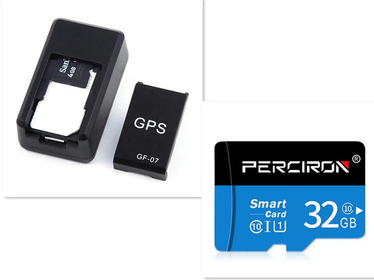 Black GPS tracker device with open cover, microSD card slot, and 32GB memory card.