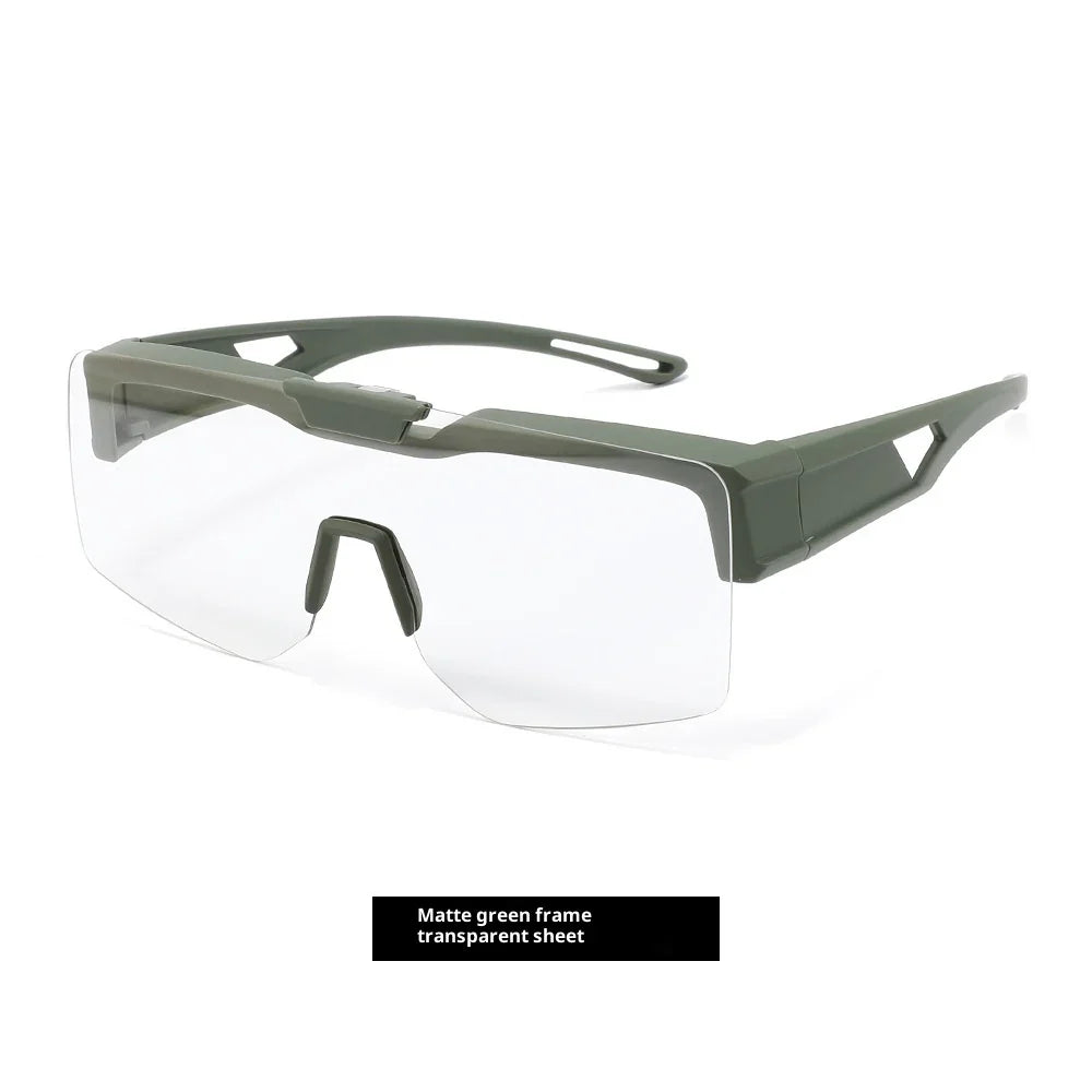 Futuristic matte green frame glasses with transparent oversized shield lens