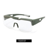 Futuristic matte green frame glasses with transparent oversized shield lens
