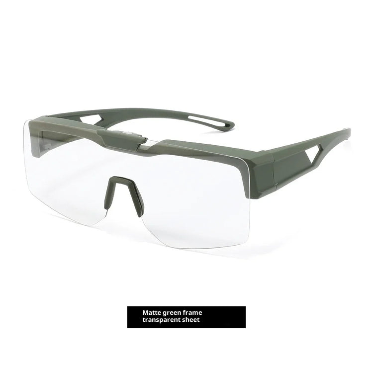 Futuristic matte green frame glasses with transparent oversized shield lens