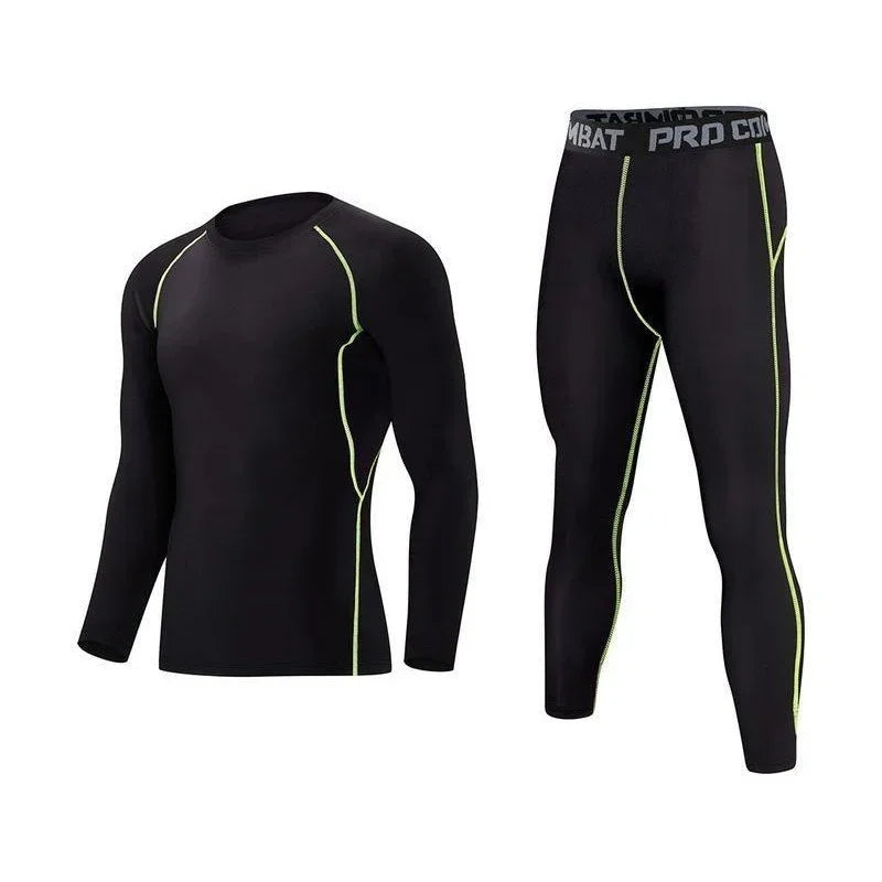 Black athletic compression set with neon green stitching, long-sleeve top and leggings