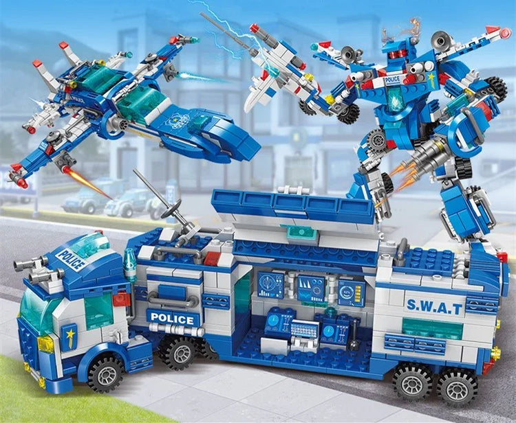 Blue and white police-themed building block set with SWAT truck, robot, and jet in city scene