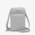 Light grey faux leather crossbody bag with adjustable strap and zip closure, minimalist design