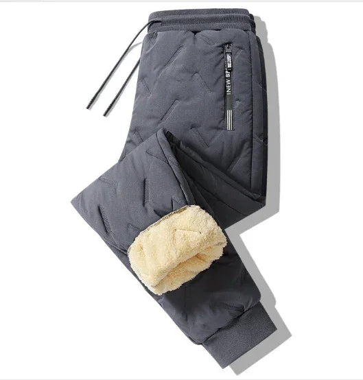 Dark gray quilted jogger pants with elastic waist, zip pocket, and sherpa fleece lining