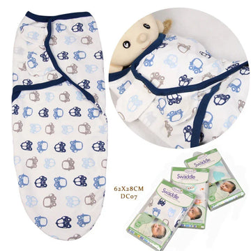 White baby swaddle blanket with blue and grey car prints, cotton material, snug fit.