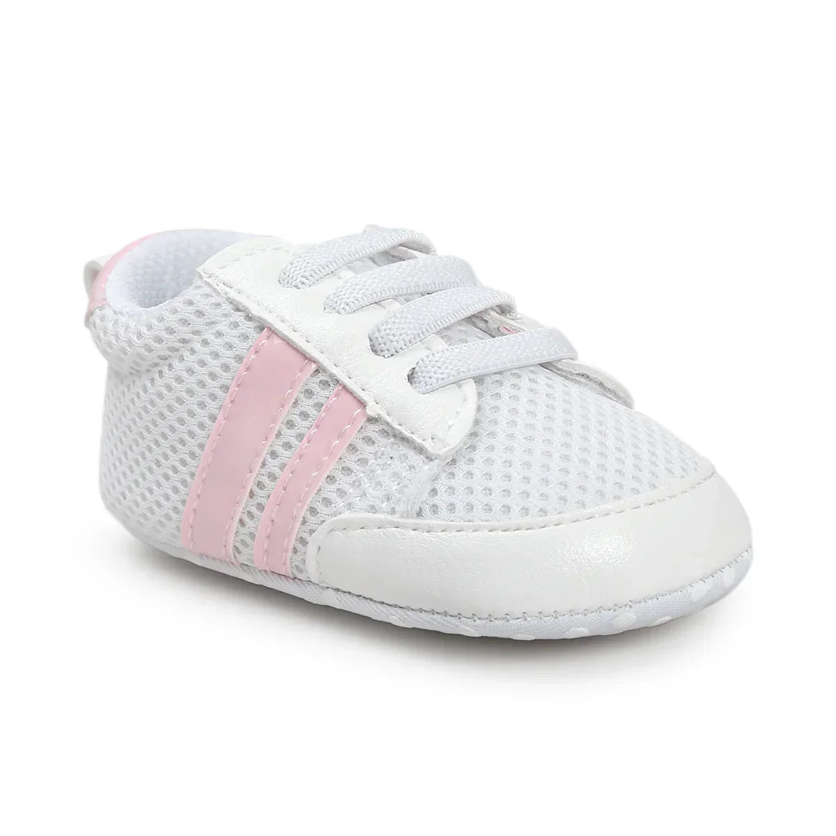 White mesh baby sneaker with pink stripes, soft sole, lace-up, modern sporty style