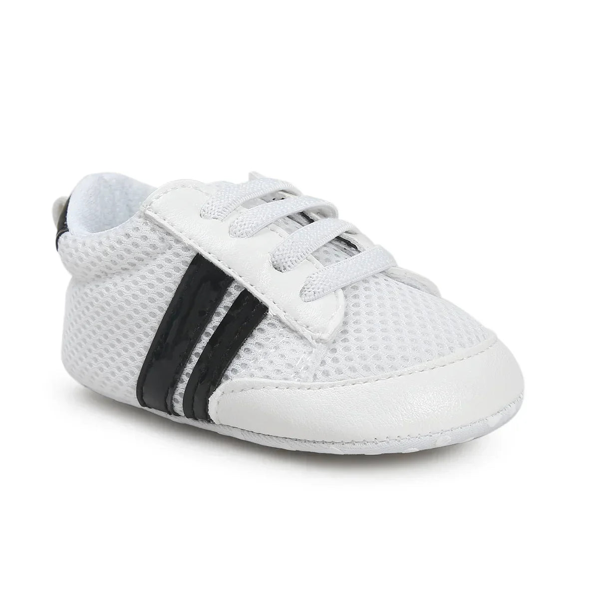 White mesh baby sneaker with black side stripes and faux leather accents, athletic fit
