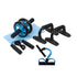 Black and blue fitness equipment set with push-up bars, ab roller, jump rope, resistance band, and mat