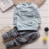 Light blue long sleeve sweatshirt with front pocket and gray jogger pants set, casual fit, soft fabric