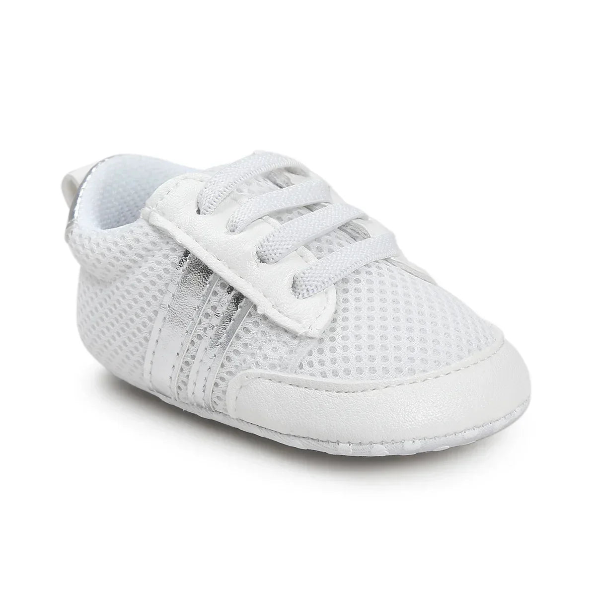 White mesh baby sneaker with silver accents and soft sole, modern sporty style shoe