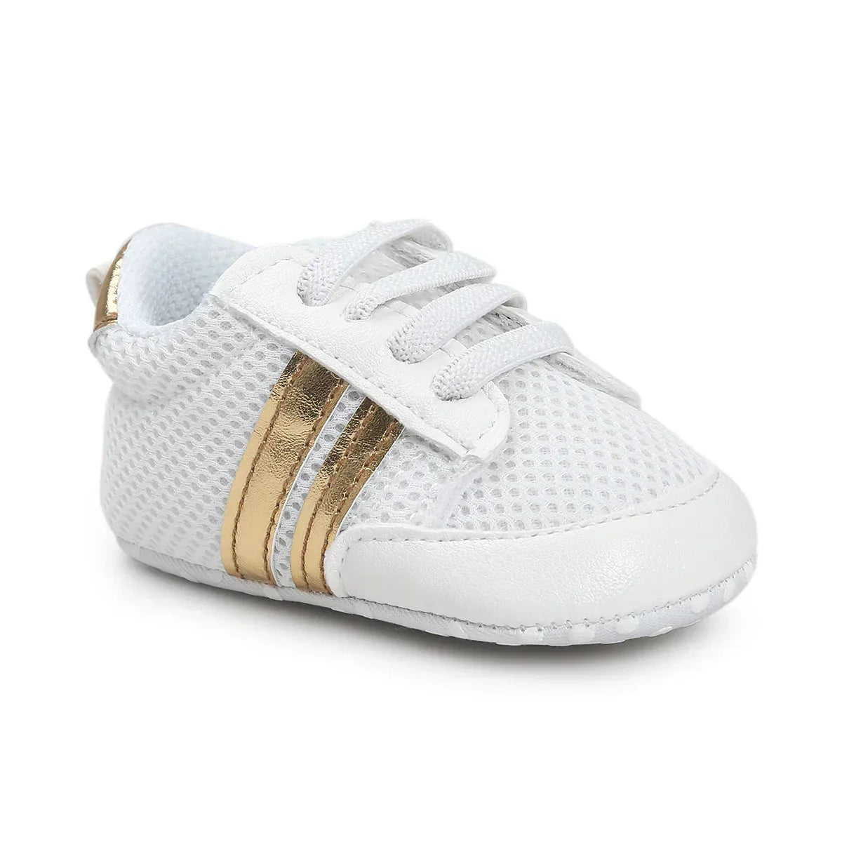 White mesh baby sneaker with gold metallic stripes, faux leather details, and lace-up style