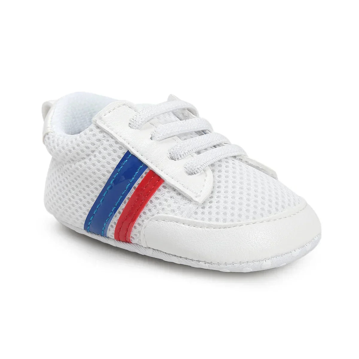 White mesh baby sneaker with red and blue stripes, lace-up design, soft sole
