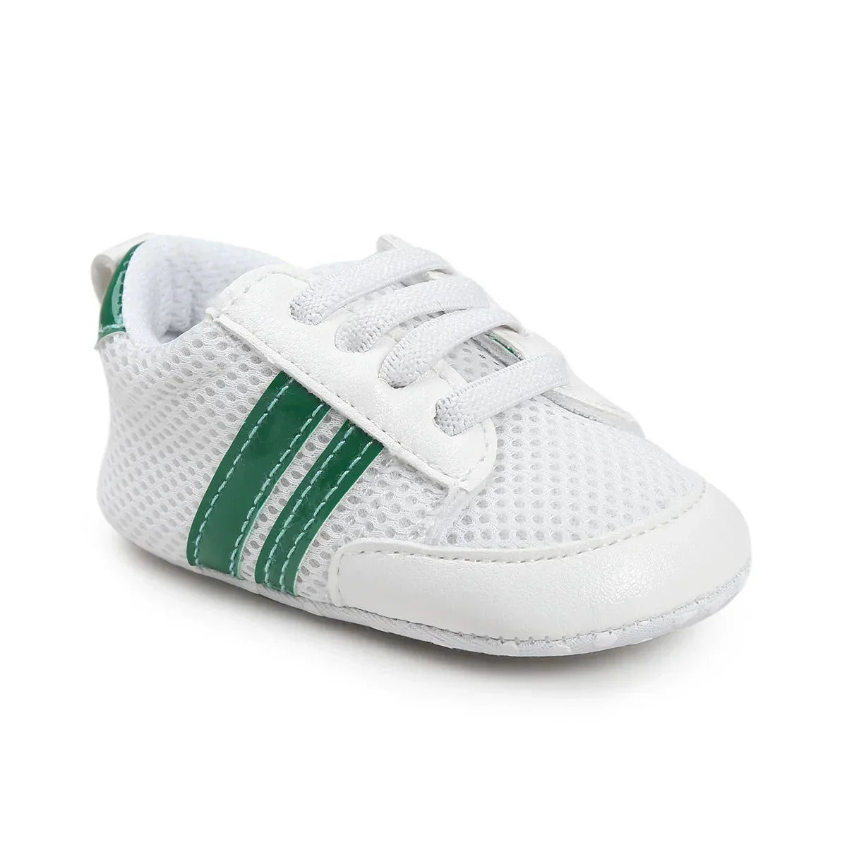 White mesh baby sneaker with green side stripes, faux leather toe, and lace-up style