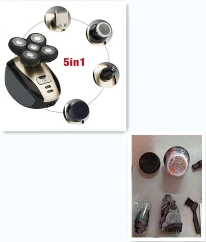 5-in-1 electric grooming kit with gold and black design, detachable heads, ergonomic grip