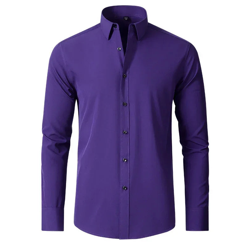 Men's slim fit long sleeve shirt in solid purple, smooth fabric, button-up style