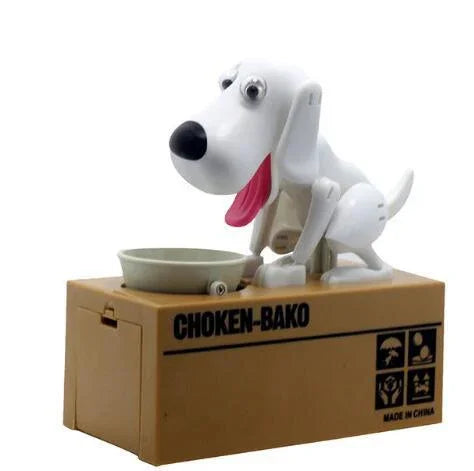 White plastic mechanical dog toy with black nose on brown box marked &