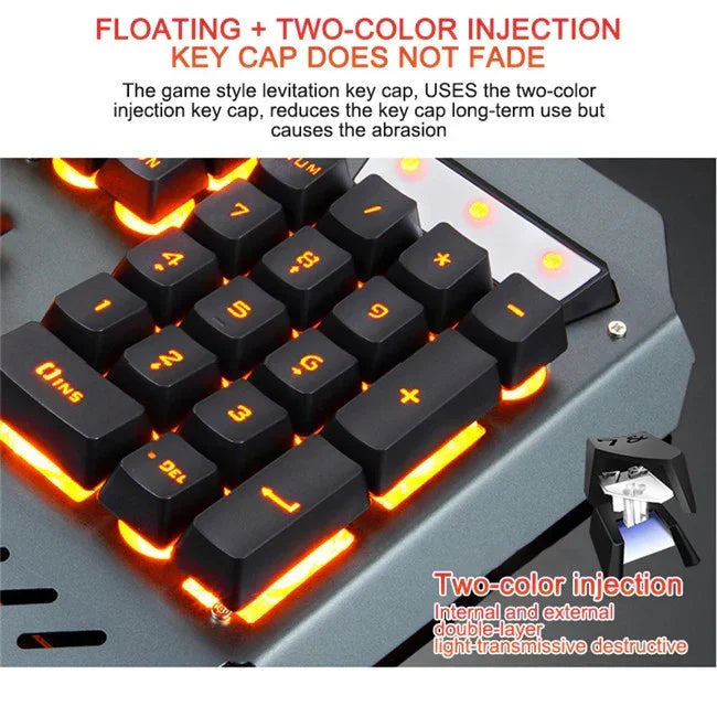 Black mechanical keyboard with orange LED backlight and two-color injection keycaps