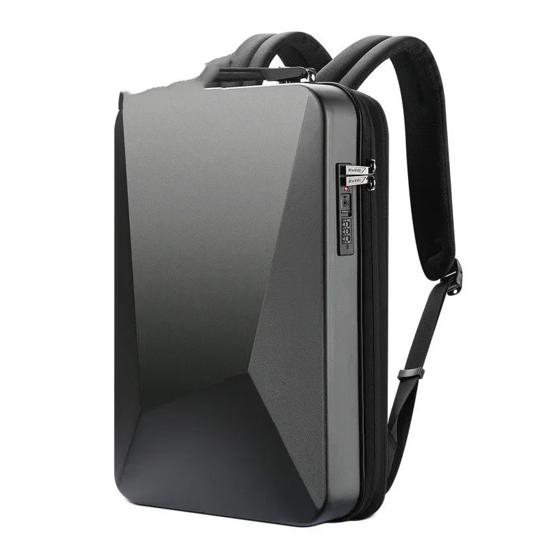 Futuristic black hard shell backpack with geometric design, sturdy material, adjustable straps