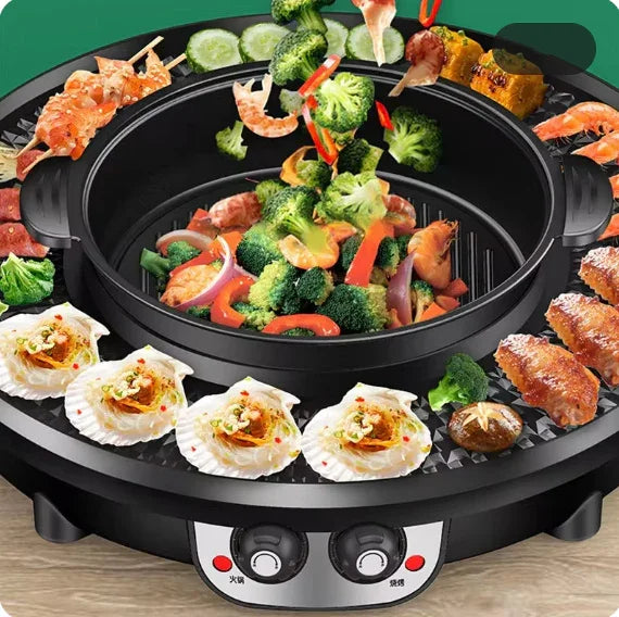 Electric grill with assorted seafood, vegetables, and skewers cooking, nonstick surface.
