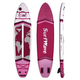 Pink and white inflatable paddle board with world map design and textured non-slip surface
