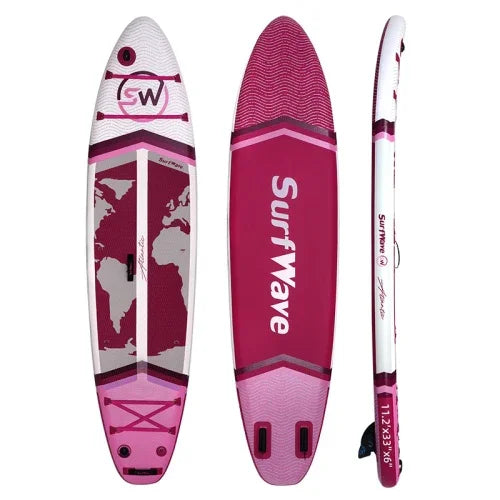Pink and white inflatable paddle board with world map design and textured non-slip surface