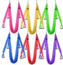 Assorted aerial yoga hammocks in pink, yellow, green, blue, red, and purple, soft fabric material, fitness accessory.
