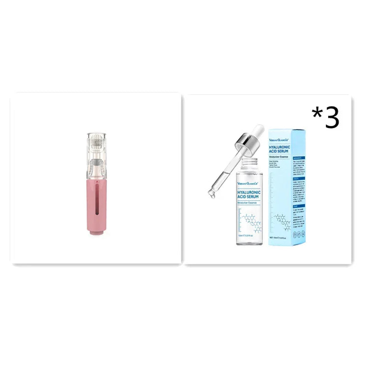 Pink microneedling pen and three bottles of hyaluronic acid serum with dropper