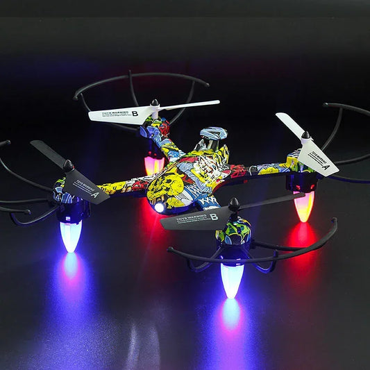 Colorful graffiti-pattern drone with LED lights on black background, plastic material, sleek fit
