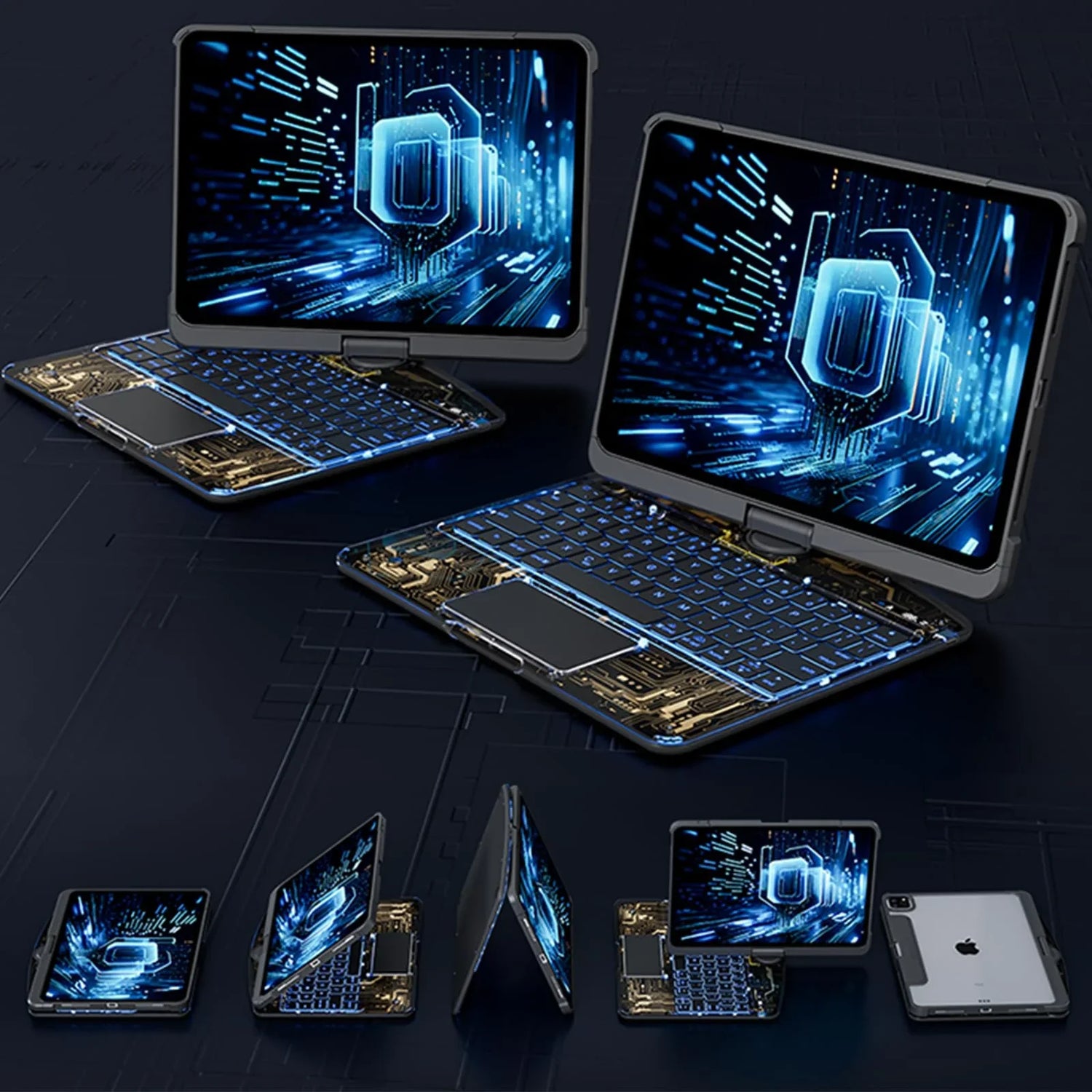 Futuristic blue LED backlit keyboard case with circuit board design, shown on a tablet in multiple viewing angles.