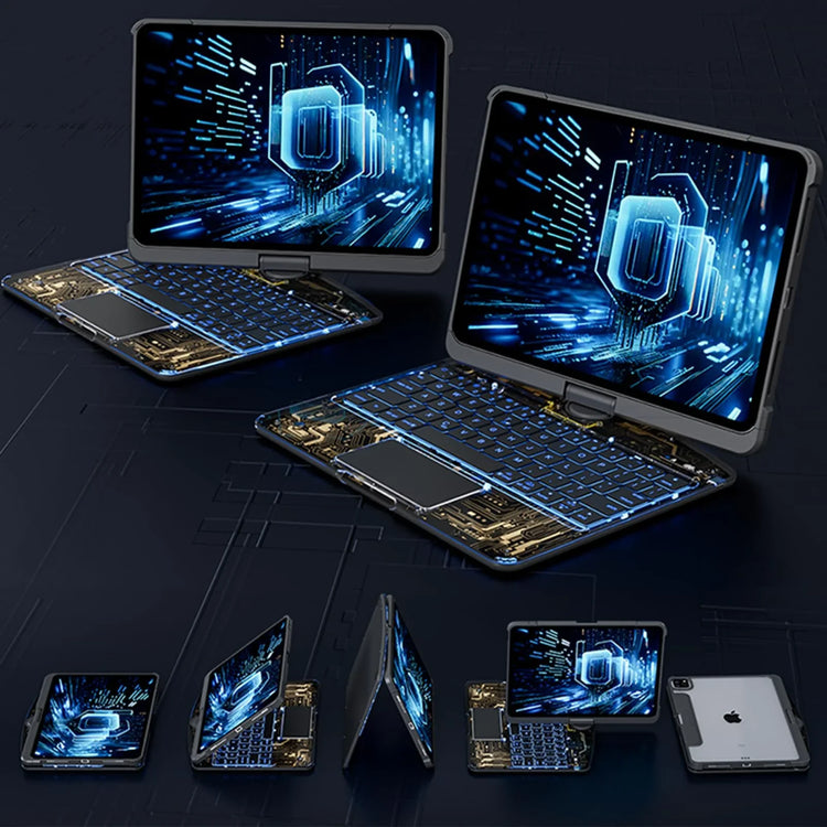 Futuristic blue LED backlit keyboard case with circuit board design, shown on a tablet in multiple viewing angles.