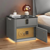 Modern gray nightstand with black glass top, gold electronic safe, and ambient LED lighting