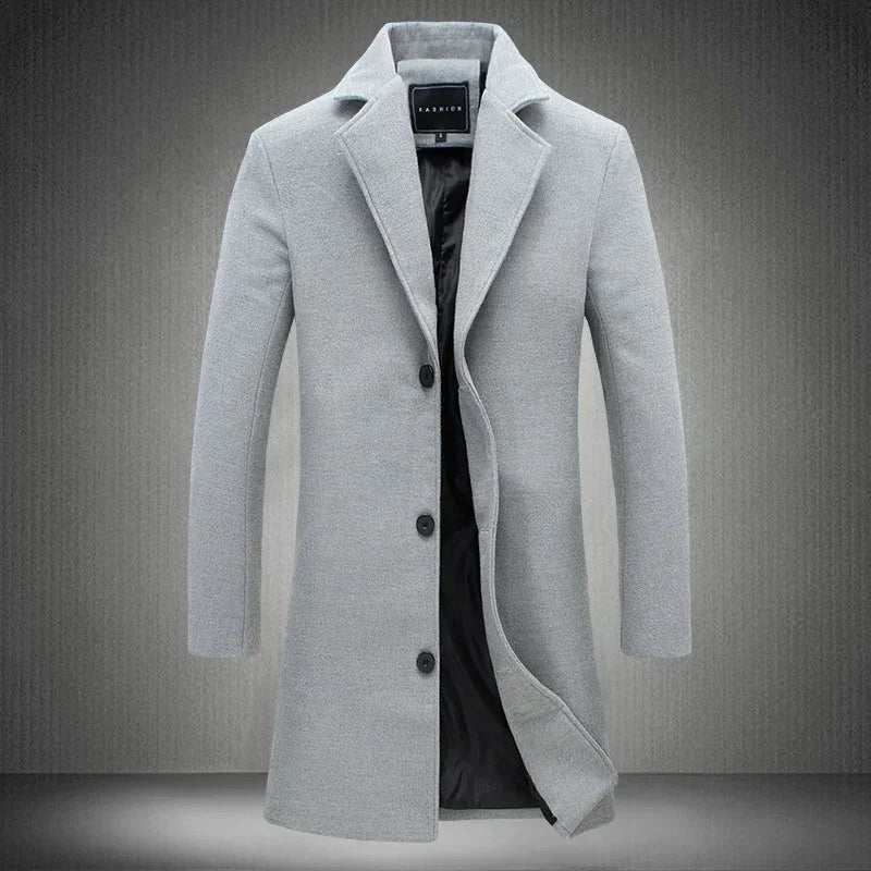 Light grey wool-blend long coat with notch lapel, slim fit, three-button closure