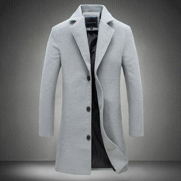 Light grey wool-blend long coat with notch lapel, slim fit, three-button closure