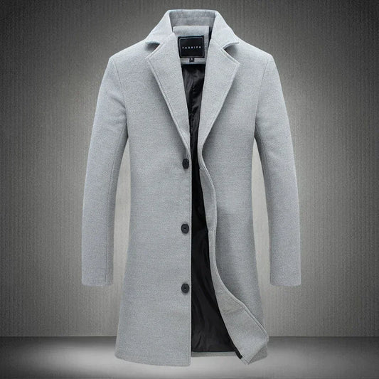 Light grey wool-blend long coat with notch lapel, slim fit, three-button closure
