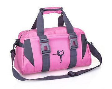 Pink duffel bag with gray straps, polyester material, adjustable shoulder strap, sporty fit