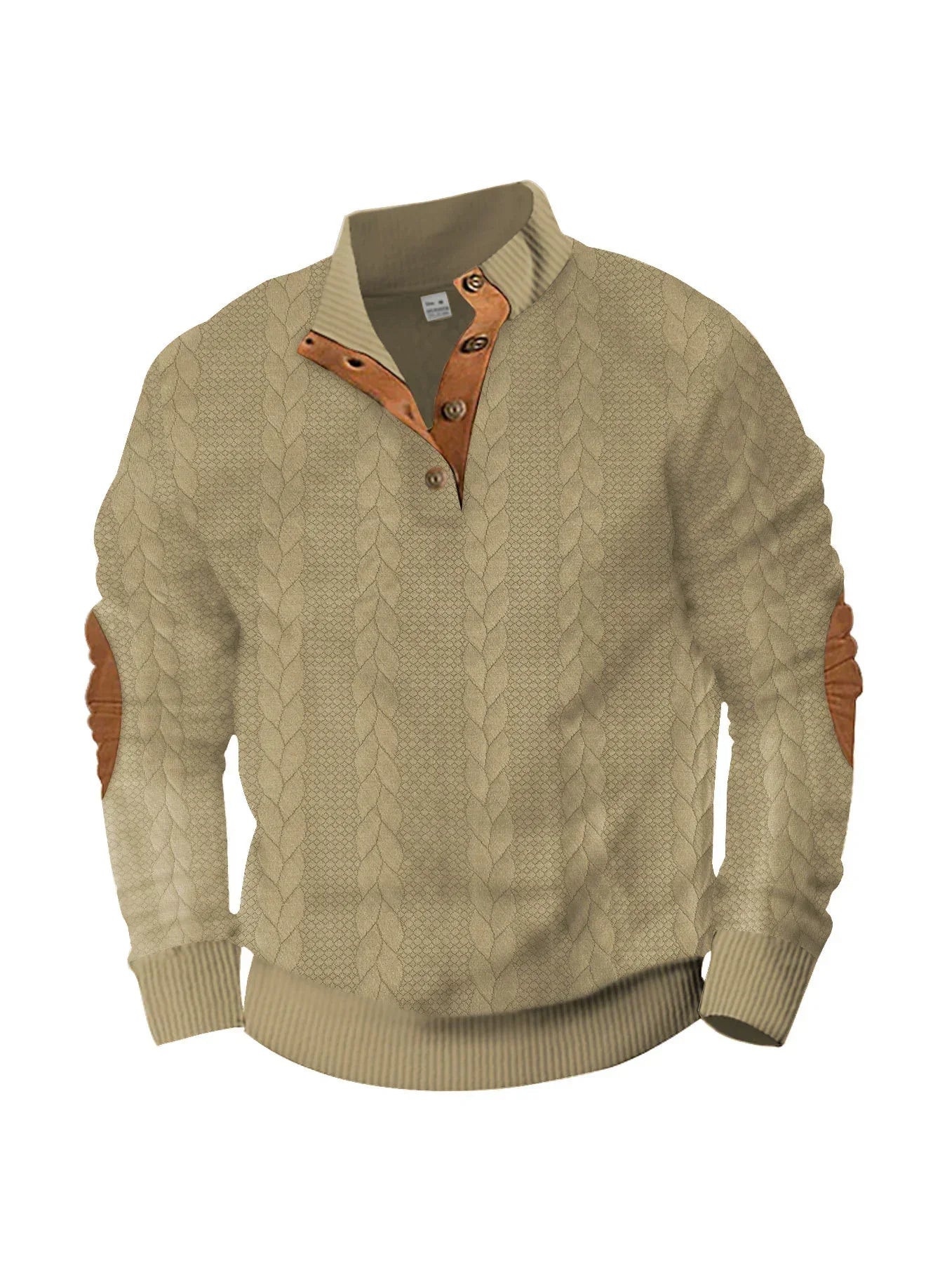 Beige cable knit pullover sweater with brown faux suede accents and ribbed cuffs