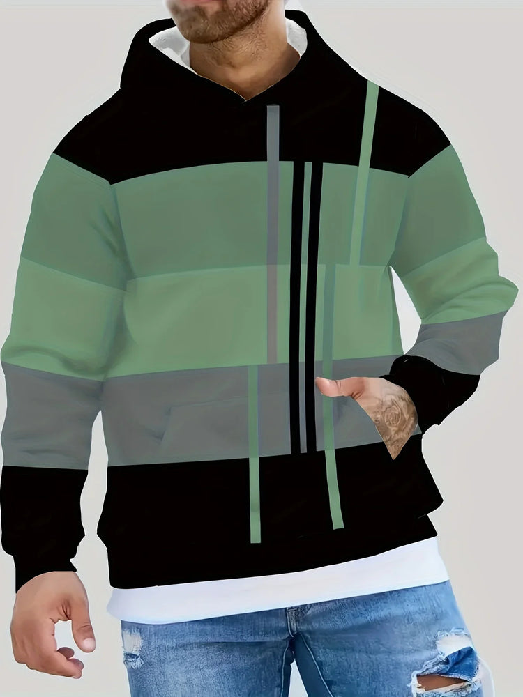 Color-blocked green and black streetwear hoodie with modern geometric design, relaxed fit